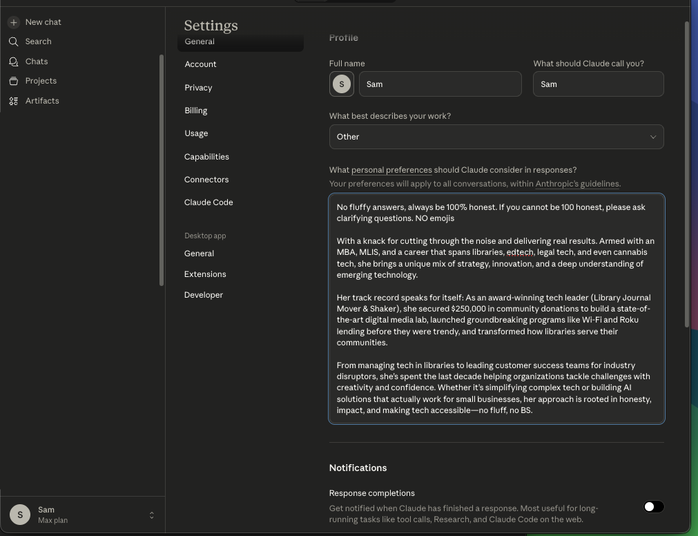 AI assistant profile settings showing preference for honest, direct communication without fluffy answers or emojis