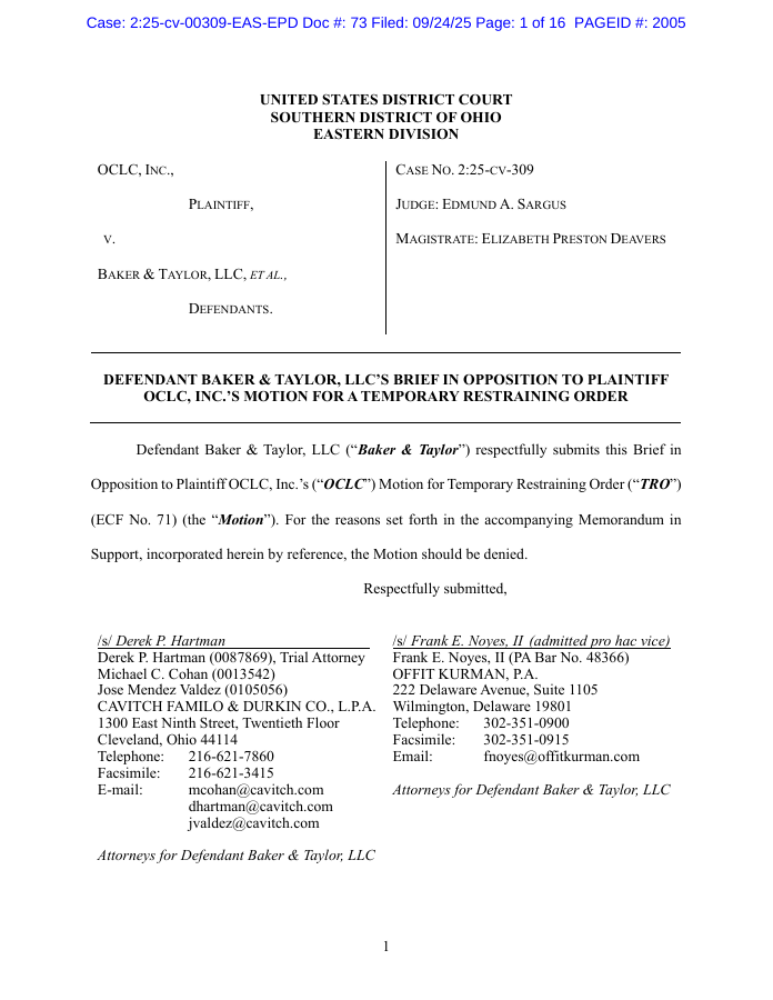 First page of Baker & Taylor's court response to OCLC's motion for a temporary restraining order