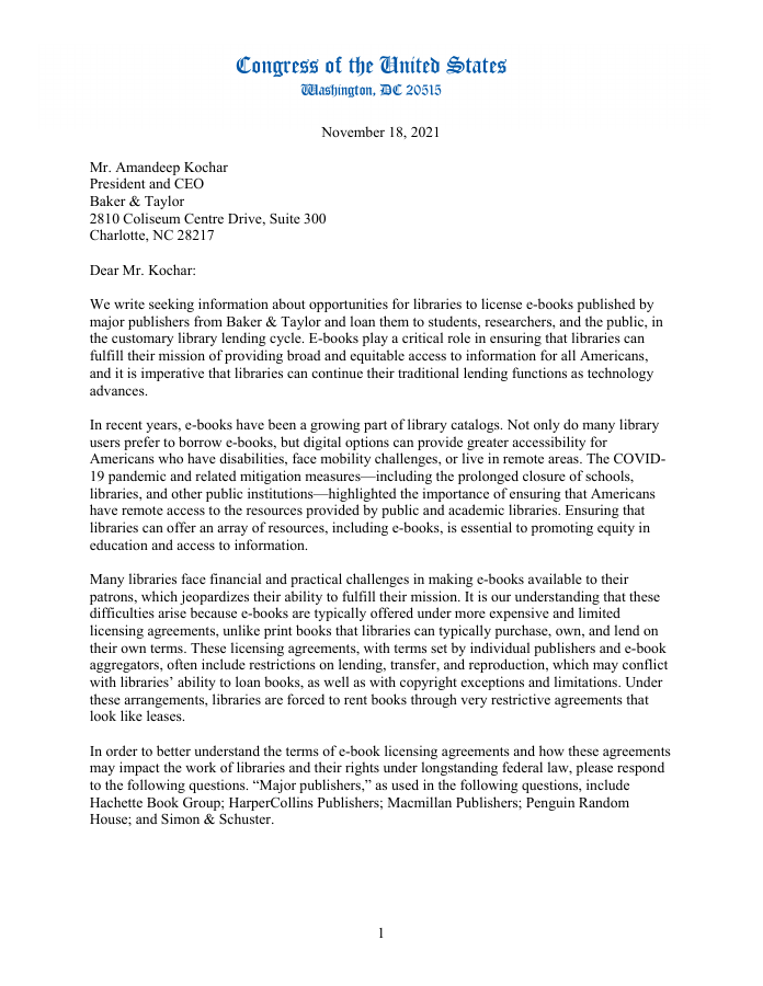 First page of Senator Ron Wyden's November 2021 letter to Baker and Taylor