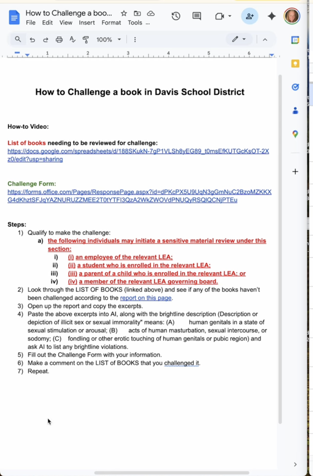 A written instruction sheet from Brooke Stephens's how-to video. Numbered steps: (1) qualify to make the challenge; (2) look through the list of books; (3) open the report and copy the excerpts; (4) paste the excerpts into AI along with the legal 'brightline' definition of illicit sexual content and ask AI to list any brightline violations; (5) fill out the challenge form; (6) comment on the list; (7) repeat.