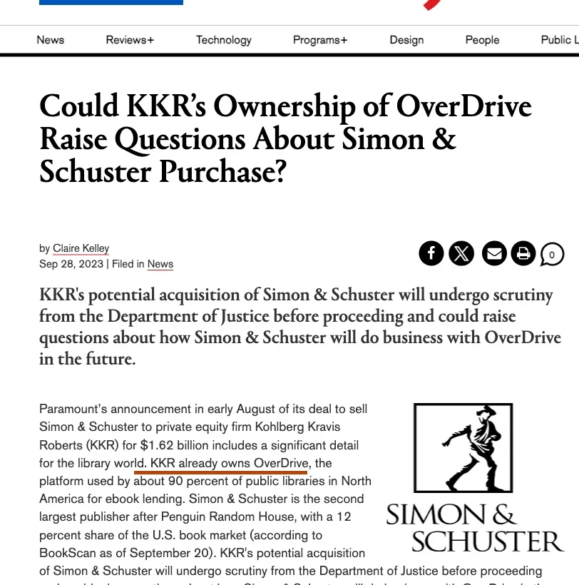 Saved Library Journal headline by Claire Kelley, September 28, 2023, asking whether KKR’s ownership of OverDrive raises questions about its proposed Simon & Schuster purchase